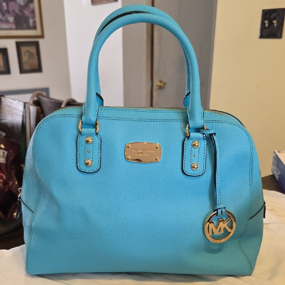 Michael Kors Aqua Blue Satchel with Gold Accents